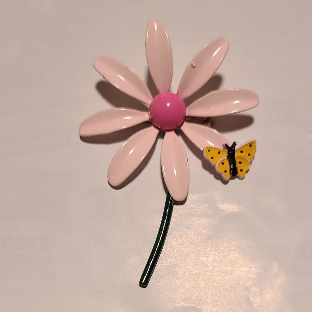 Enamel Pink Flower Brooch  with Butterfly Accent
